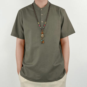 Buddha Stones Solid Color Men Short Sleeve Button Linen Shirt Men's Shirts BS DarkKhaki 4XL(Fit for US/UK/AU44; EU54)