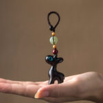 Buddha Stones Green Sandalwood Ebony Wood Mini Deer Positive Peace Buckle Key Chain Phone Hanging Decoration Key Chain BS Ebony Wood Key Chain Blue Eyes