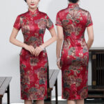 Buddha Stones Retro Flower Lotus Peony Feather Print Qipao Dress Women's Cheongsam Dress Cheongsam Dresses BS Wine Red Lotus Suitable for Weight 77.5kg