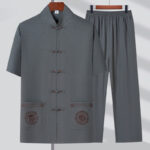Buddha Stones Fu Character Embroidery Tang Suit Traditional Frog-Button Short Sleeve Top Pants Clothing Men's Set Men's Meditation Cloth BS Gray(Top&Pants) 4XL(Bust 130cm/Waist 118cm/Pants Length 106cm)