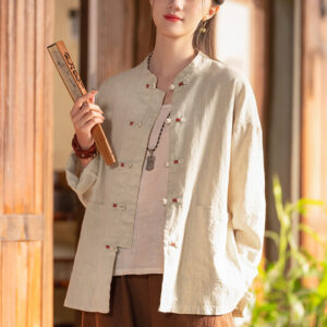 Buddha Stones Frog-Button Shirt Zen Meditation Top Clothing Cotton Linen Jacket Jacket Shirt BS Beige(Bust 120cm)(Top Only)