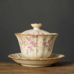 Buddha Stones Beige Plum Blossom Shape Peach Branch Ceramic Gaiwan Sancai Teacup Kung Fu Tea Cup With Lid Cup BS Peach Branch 9.8cm*9.2cm*120ml
