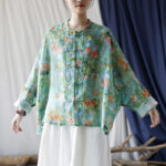 Buddha Stones Pink Flowers Green Leaves Print Frog-button Design Long Sleeve Ramie Linen Jacket Shirt Women's Shirts BS 34