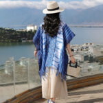 Buddha Stones Blue White Striped Indigo Dyeing Shawl Tassels Cozy Pullover 90*95cm 8