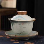 Buddha Stones Lotus Koi Fish Pod Leaf Ceramic Gaiwan Sancai Teacup Kung Fu Tea Cup And Saucer With Lid 140ml Cup BS Leaf Boat 11.5cm*9.5cm*140ml