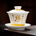 Buddha Stones Buddhist Heart Sutra Small Fu Character Ceramic Gaiwan Teacup Kung Fu Tea Cup And Saucer With Lid Cup BS Fu haracter Gaiwan(9.4cm*9.5cm*150ml)