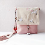 Buddha Stones Handmade Embroidered Plum Flowers Canvas Crossbody Bag Shoulder Bag Handbag Crossbody Bag BS Light Pink Crane 20*23cm