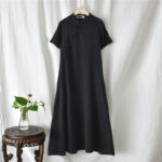 Buddha Stones Frog-Button Midi Dress Cotton Linen Short Sleeve Dress With Pockets Midi Dress BS 8