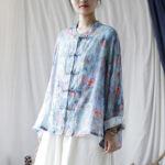 Buddha Stones Pink Flowers Green Leaves Print Frog-button Design Long Sleeve Ramie Linen Jacket Shirt Women's Shirts BS 27
