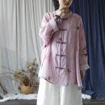 Buddha Stones Pink Flower Print Frog-button Design Batwing Long Sleeve Ramie Linen Jacket Shirt Women's Shirts BS 36
