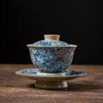 Buddha Stones Vintage Blue And White Porcelain Peach Blossom Lotus Peony Ceramic Gaiwan Sancai Teacup Kung Fu Tea Cup And Saucer With Lid Cup BS 1