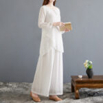 Buddha Stones 2Pcs Frog-Button Long Sleeve Shirt Wide Leg Pants Meditation Cotton Linen Clothing Women's Meditation Cloth BS 4