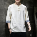 Buddha Stones Frog-Button Dragon Embroidery Chinese Tang Suit Three Quarter Sleeve Shirt Cotton Linen Men Clothing Men's Shirts BS 3