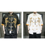 Buddha Stones Frog-Button Chinese Dragon Embroidery Half Sleeve Shirt Linen Men Clothing Men's Shirts BS 19