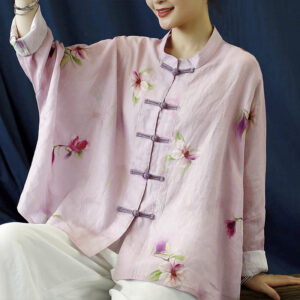 Buddha Stones Pink Flower Print Frog-button Design Batwing Long Sleeve Ramie Linen Jacket Shirt Women's Shirts BS Pink Flower Short Style(Bust 174cm/Shoulder 99cm/Length 60cm)(Jacket Only)