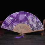 Buddha Stones Cherry Blossom Lily Butterfly Bamboo Handheld Bamboo Folding Fan 21cm Folding Fan BS Purple Butterfly Cherry Blossom 21cm