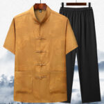 Buddha Stones Mountains Trees Tang Suit Hanfu Traditional Uniform Short Sleeve Top Pants Clothing Men's Set Men's Meditation Cloth BS Yellow Top&Pants 44/4XL