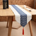 Buddha Stones Classic Chinese Style Lotus Koi Fish Flower Crane Calligraphy Enlightenment Cotton Linen Tassels Table Runner Table Runner BS Beige Dark Blue Flower 30*180cm