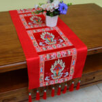 Buddha Stones Prayer Altar Mat Man-Bcu Kalachakra Endless Knot Vajra Tibetan Auspicious Symbols Tassels Table Runner Prayer Altar BS The Chintamani Jewel Red 190*33cm