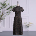 Buddha Stones Vintage Auspicious Clouds Leaf Print Cheongsam Dress Women's Qipao Dress Cheongsam Dresses BS Black Leaf Bust 112cm/Waist 92cm/Hips 116cm
