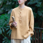 Buddha Stones Solid Color Loose Button Blouse Long Sleeve Shirt Top Long Sleeve Shirt BS Yellow(Bust 126cm)(Top Only)