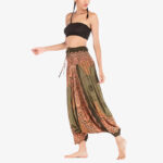 Buddha Stones Two Style Wear Round Geometric Pattern Loose Smocked Harem Trousers Jumpsuit High Waist Women's Yoga Pants Harem Pants&Bodysuit BS 42