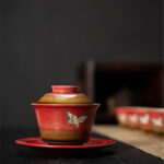 Buddha Stones Red Auspicious Crane Ceramic Gaiwan Sancai Teacup Kung Fu Tea Cup And Saucer With Lid Cup BS 8