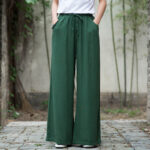Buddha Stones Plain Wide Leg Pants Dance Women's Yoga Pants With Pockets Wide Leg Pants BS Green L(Waist 69cm/Hips 120cm/Length 101cm)