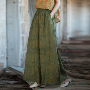 Buddha Stones Green Yellow Ramie Linen Flexible Waistband Wide Leg Pants With Pockets Women's Wide Leg Pants BS Green(Waist 60cm/Hips 136cm/Length 97cm)