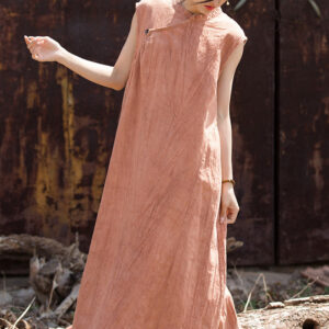 Buddha Stones Handmade Tie Dye Midi Dress Linen Sleeveless Dress 1