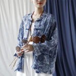 Buddha Stones Retro Blue White Flowers Frog-Button Design Long Sleeve Ramie Linen Jacket Shirt 27