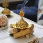Buddha Stones Gold Alloy Healing Mini Incense Burner With Wooden Coaster Home Decor Incense Burner BS 10