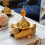 Buddha Stones Gold Alloy Healing Mini Incense Burner With Wooden Coaster Home Decor Incense Burner BS 12
