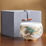 Buddha Stones Dragon Phoenix Auspicious Clouds Ceramic Teacup Kung Fu Tea Cup With Gift Box Cup BS Golden Dragon 7.8cm*6cm*175ml(Gift Box)