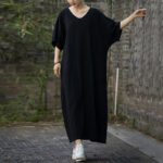 Buddha Stones Solid Color V-Neck Half Sleeve Ramie Linen Midi Dress With Pockets Midi Dress BS 11