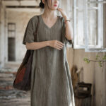 Buddha Stones Handmade Tie Dye V-Neck Midi Dress Linen Short Sleeve Dress 23