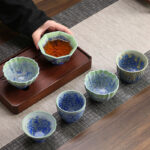 Buddha Stones Retro Blue Red Gradient Lotus Pattern Kiln Change Ceramic Teacup Kung Fu Tea Cup Bowl Cup BS 1