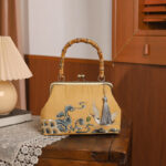 Buddha Stones Auspicious Clouds Cranes Embroidery Bamboo Handle Handbag Crossbody Bag Crossbody Bag&Handbags BS Auspicious Clouds Cranes Yellow 24*8.5*16.5cm