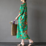 Buddha Stones Red Peony Flowers Printed Midi Dress Half Sleeve Cotton Linen Dress 10