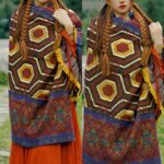 Buddha Stones Tibetan Shawl Brown Blue Red Geometric Shapes Pattern Winter Cozy Travel Scarf Wrap Tibetan Shawl BS 13