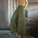 Buddha Stones Green Yellow Ramie Linen Flexible Waistband Wide Leg Pants With Pockets Women's Wide Leg Pants BS 3