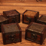 Buddha Stones Retro Small Square Wood Jewelry Box Lotus Grass Flower Grape Copper Coin Daffodil Jewelry Storage Box Jewelry Box BS 25