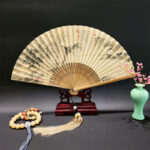 Buddha Stones A Panorama Of Rivers And Mountains Cranes Orchid Flower Paper Bamboo Handheld Silk Bamboo Folding Fan 22cm Folding Fan BS Mountains Trees 22cm