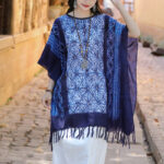 Buddha Stones Blue Stripe Geometry Indigo Dyeing Shawl Tassels Travel Pullover 90*95cm 6