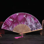 Buddha Stones Cherry Blossom Lily Butterfly Bamboo Handheld Bamboo Folding Fan 21cm Folding Fan BS Rose Red Butterfly Cherry Blossom 21cm