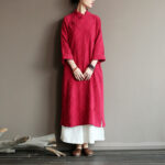 Buddha Stones Flower Jacquard Midi Dress Long Sleeve Cotton Linen Dress Wide Leg Pants With Pockets Midi Dress&Wide Leg Pants BS 19