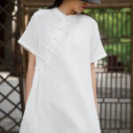 Buddha Stones Frog-Button Midi Dress Cotton Linen Short Sleeve Dress With Pockets Midi Dress BS 15