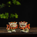 Buddha Stones Small Pair of Lion Fu Foo Dogs Ward Off Evil Protection Home Resin Decoration Decorations BS A Pair of Khaki Fu Dogs