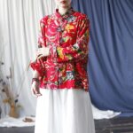 Buddha Stones Ethnic Red Flower Peony Frog-Button Cotton Linen Long Sleeve Shirt Jacket With Pockets 18