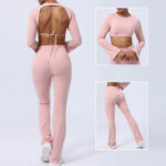 Buddha Stones Long Sleeve Backless Strap Top Bra Flare Pants Fitness Yoga Outfit 2-Piece Outfit BS 42